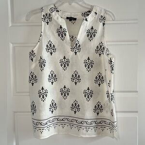 Anne Carson Linen Blend Sleeveless Blouse Size Medium White/Black Print Coastal
